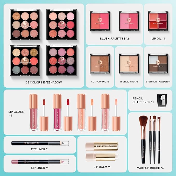 Color Nymph All In One Makeup Kit Comestics Gifts for Girls Teens, Travel Makeup Set 4 Trays Train Case for Beginner Includes Eyeshadow Highlighter Lipgloss Blush Concealer Brush Eyeliner Lipbalm