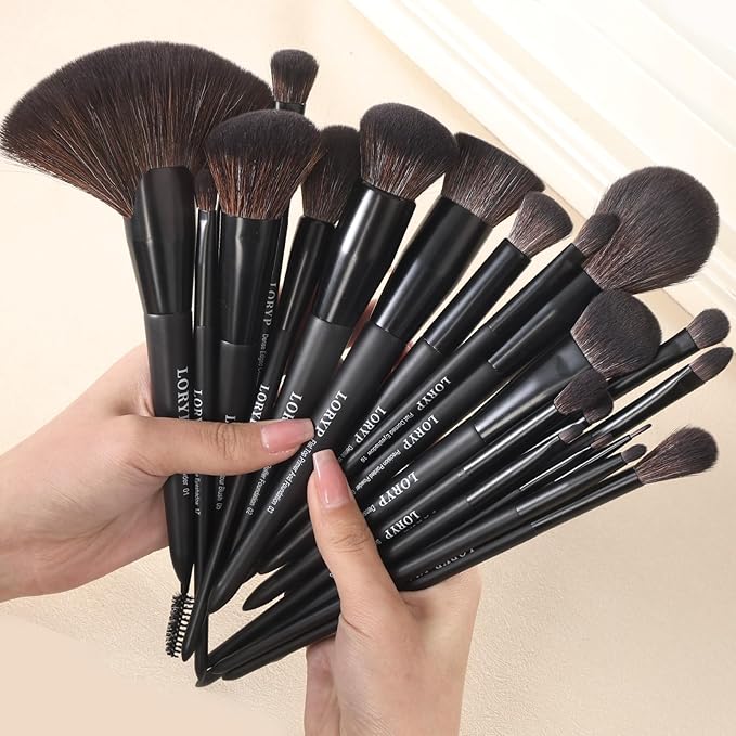 LORYP Black Makeup Brushes Set 21Pcs Powder Blush Foundation Concealer Highlighter Brush Vegan Pro Face and Eye Brush Kit
