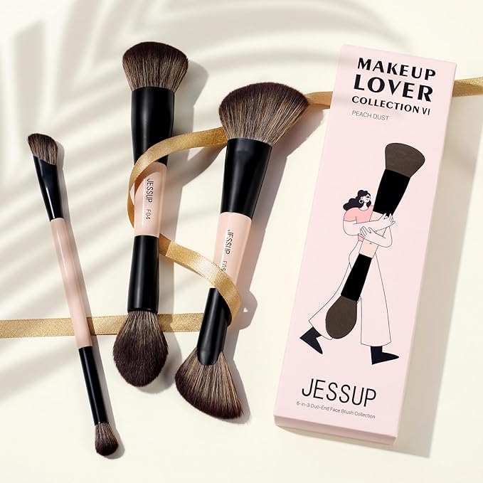 Jessup Face Makeup Brushes 3pcs Double Ended Makeup Brush Set for Foundation Contour Blush Highlight and Powder, Premium Synthetic Make up Brushes Peach Dust T508