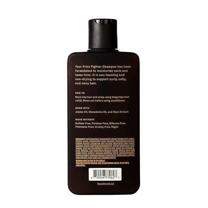 Hawthorne Frizz Fighter Shampoo for Curly Hair with Shea Butter, Macadamia, and Coconut Oil. Hydrate Hair and Tame Frizz. Sulfate Free, Paraben Free. 8 Fl. Oz. 2-Pack.