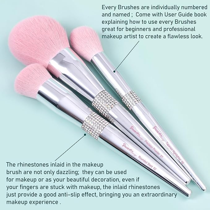 Bueart Design Elegant pink Ultra soft labeled Makeup Brushes Sets with Brush Holder makeup brush set with Foundation Powder blush blending contour Brush (15Pcs Silver Pink+Holder)