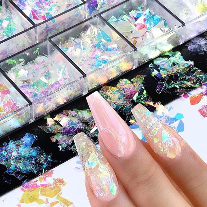 12 Colors Holographic Nail Art Glitter Sequins Aurora Holographic Mermaid Nail Glitter Flash Ice Residue Nail Glitter Sequin Chameleon Flakes Set Fluorescent Glass Paper for Face Body DIY Decoration