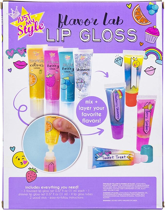 Just My Style Flavor Lab Lip Gloss by Horizon Group USA, DIY 4 Custom Lip Glosses By Mixing Colorful Flavors & Lip Shimmer. Flavors, Shimmer, Lip Gloss Tubes Mixing Stick & Instructions Included