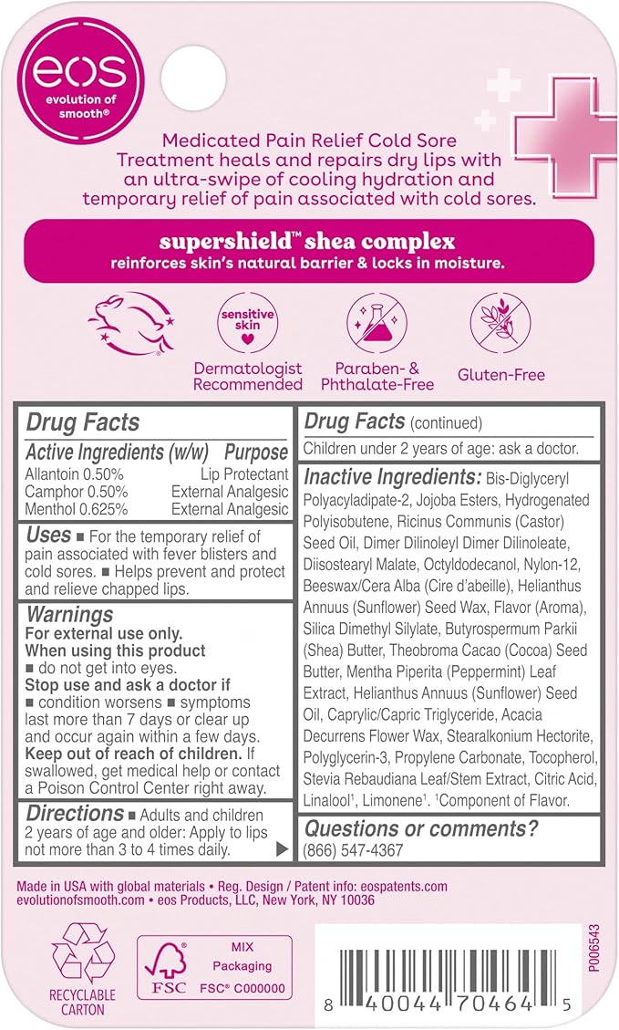 eos Medicated Lip Balm - The Fixer | Lip Care to Repair and Protect Chapped and Dry Lips | Instant Cooling and Pain Relief with Natural Ingredients | 0.35 oz
