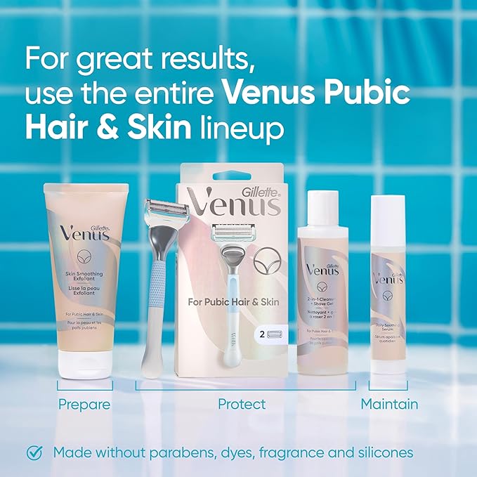 Gillette Venus for Pubic Hair and Skin Shaving Set, Women’s Razor, 1 Handle + 2 Blade Refills + 2-in-1 Cleanser
