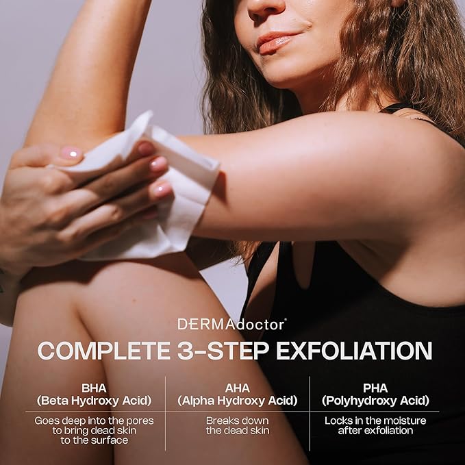 DERMAdoctor KP Bump Eraser Extra Strength Peel Pads – Exfoliating Body Treatment for Keratosis Pilaris, Body Acne & Rough Skin | AHA + BHA + PHA Formula | Dermatologist Developed