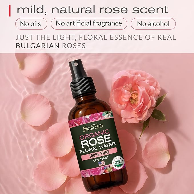 Ella & Eden Organic Rose Water Spray for Face, Hair 4 Fl Oz | USDA Certified 100% Pure Steam Distilled Hexane-Free | Hydrating, Refreshing Facial Mist for All Skin Types
