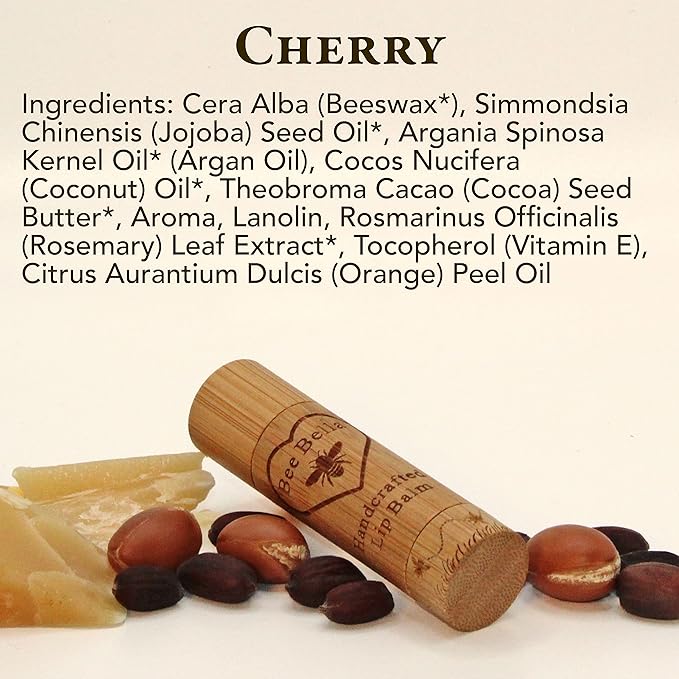 Bee Bella Lip Balm, Cherry, 3 Pack - Hydrating, Moisturizing Lip Care, 100% Natural, Original Organic Beeswax with Vitamin E, Handmade in USA