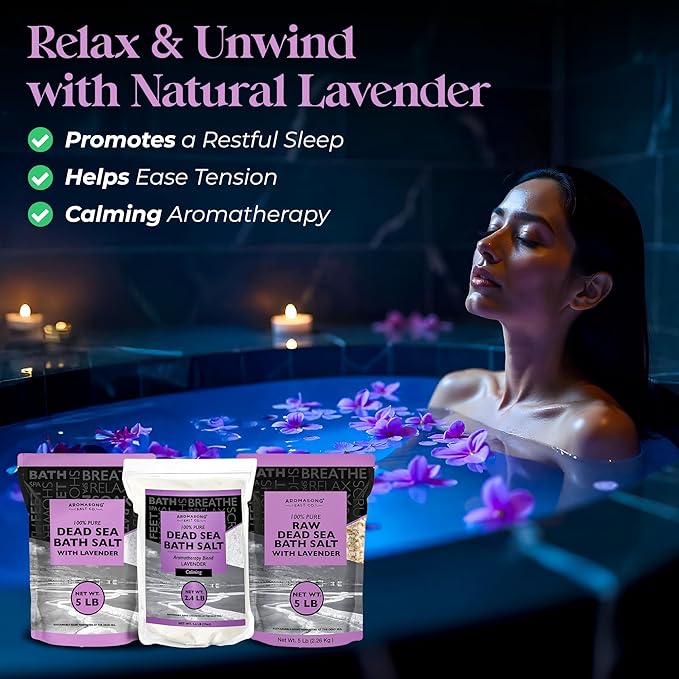 Aromasong Pure Dead Sea Salt for Soaking with 100% Natural Lavender, 2.43 LB - Spa Bath Salt Fine Grain - Body Wash Scrub - Soak for Women & Men- Bulk Resealable Pack
