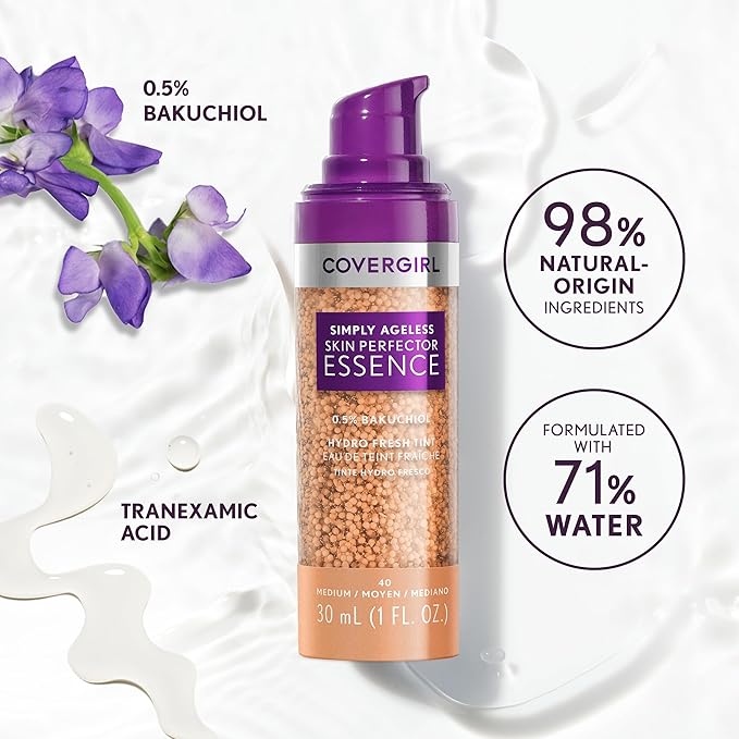Covergirl Simply Ageless Skin Perfector Essence Foundation, 40 Medium, Tinted Skin Perfector, Skincare Makeup Hybrid, Sheer Tint, Radiant Finish, Skin-Like Finish, Vegan Formula, 1.0oz