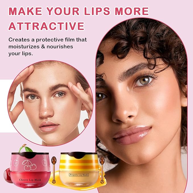 2PCS Bee Lip Balm Honey Pot Cherry Honey Lip Balm Sleeping Lip Mask Silky Hydrating Bee Lip Balm Honey Lip Mask Overnight Lip Care Products(Honey+Cherry)
