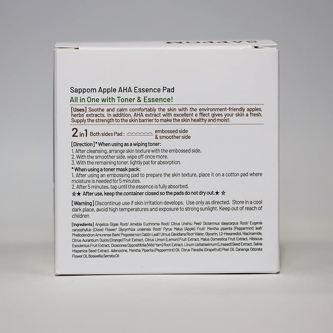 Apple AHA Essence Pad, Green Apple, with AHA, Toner pad, Soothing and Peeling, 60 vegan sheets-for sensitive skin, Hydrating care