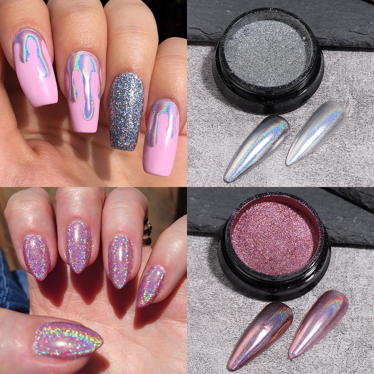 Chameleon Chrome Nail Powder, 10 boxes Pink Purple Aurora Chrome Powder, Gold Silver Holographic Nail Powder, Metallic Mirror Pigment for Nails, Rubbing Dust Manicure Glitter Set