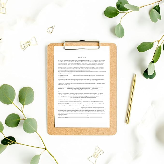 Bridal Makeup Service Contract | 100 Pack | 8.5 x 11" A1 Forms | Makeup Artist Supplies | Bridal Contract | White and Pink Forms