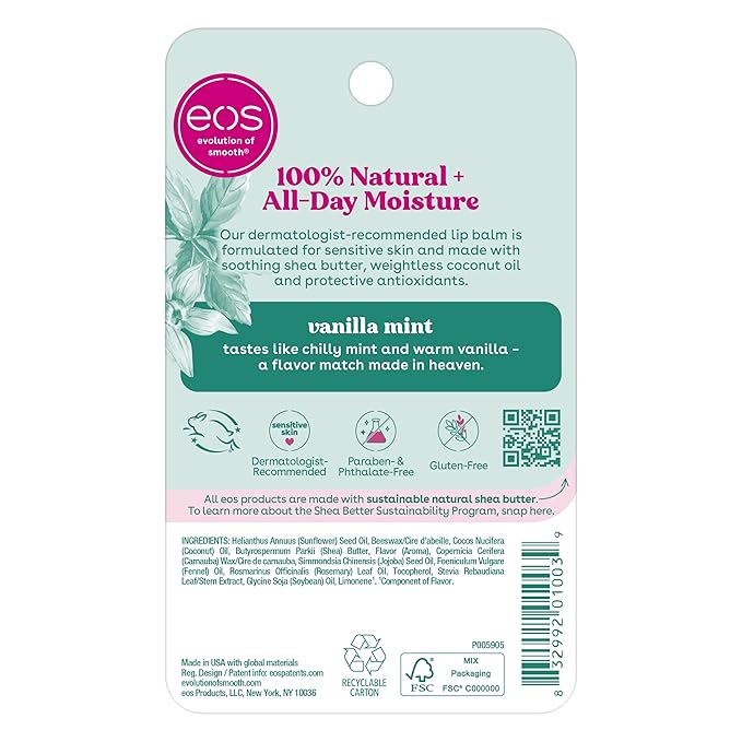 eos 100% Natural Lip Balm- Vanilla Mint, All-Day Moisture, Made for Sensitive Skin, Lip Care Products, 0.25 oz