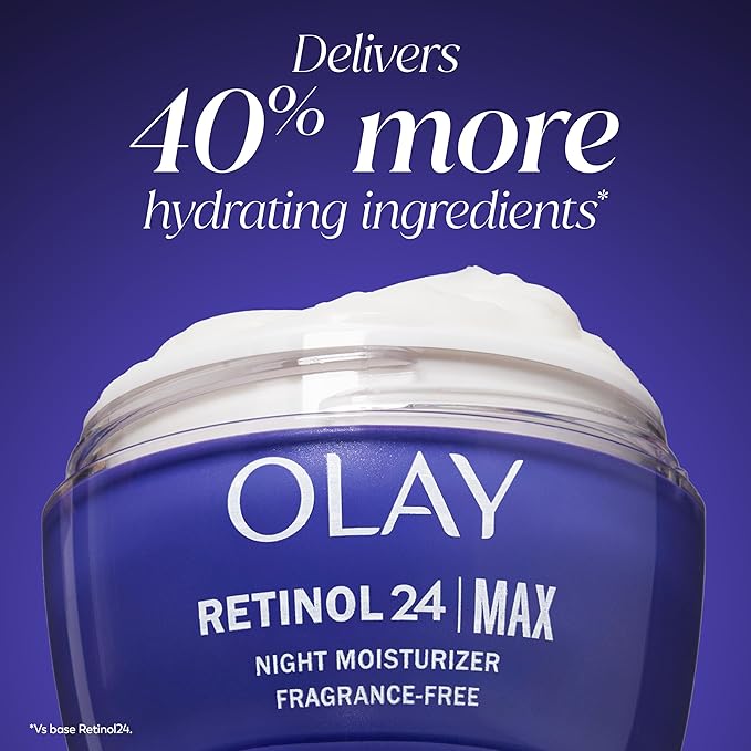 Olay Retinol Face Moisturizer, 24 MAX Anti-Aging Night Cream for Women, Fragrance-Free, Non Greasy - Anti-Wrinkle, Smooth Fine Lines, Tightening, Hydrating Skin Care - Peptides, Glycerin, 1.7 Oz