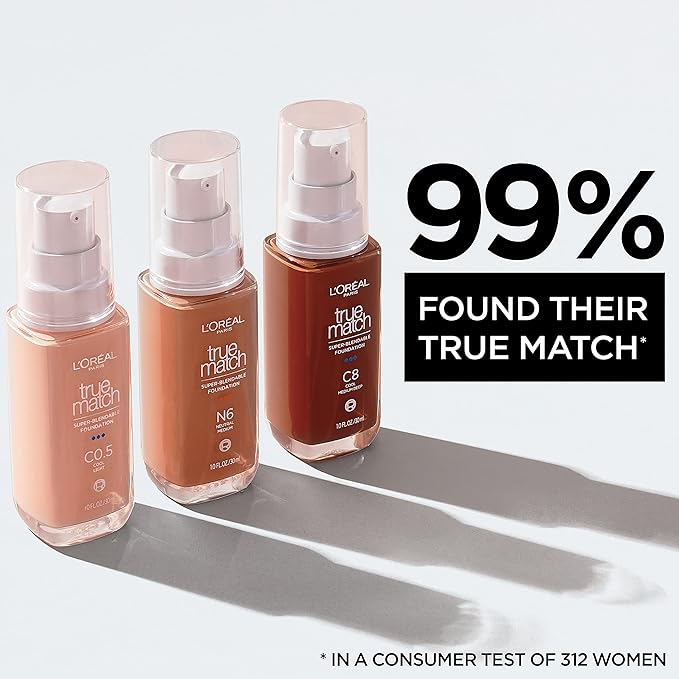 L'Oreal Paris True Match Super-Blendable Foundation, Medium Coverage Liquid Foundation Makeup, C0.5, Light, 1 Fl Oz