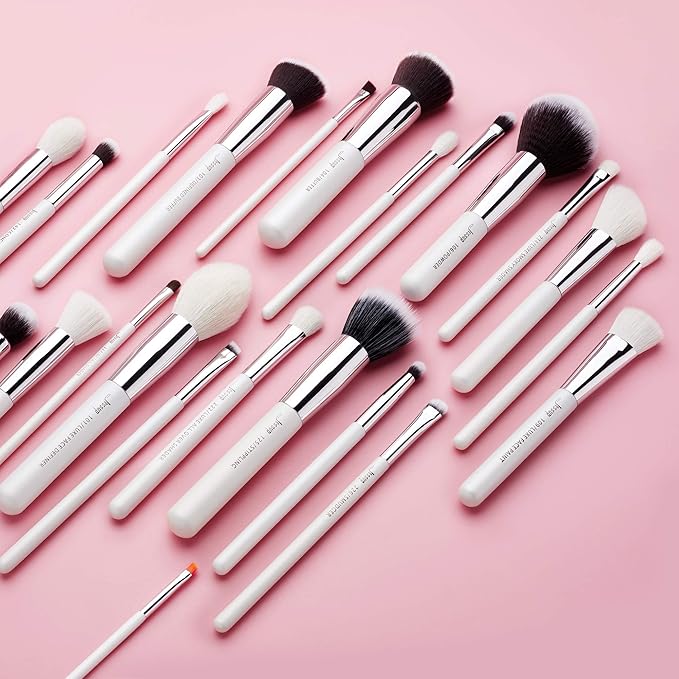 Jessup Brand 25pcs Professional Makeup Brush Set Beauty Cosmetic Foundation Powder Blusher Eyeshadow Blending Highlight Concealer Natural-Synthetic Hair Brushes Set (Pearl White/Silver)