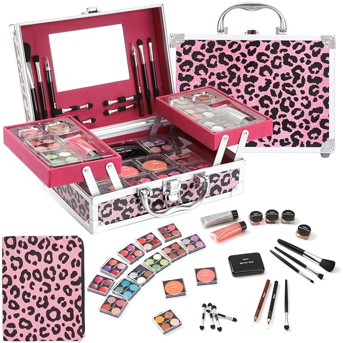 Anpro All-In-One Leopord Double Folding Makeup Carry Case with Pro Teen Makeup Set, Full Starter Kit with Makeup Brushes, Lipsticks, Eyeshadow Palette, Blushes, Glitter Gel, Ideal Present for Girls