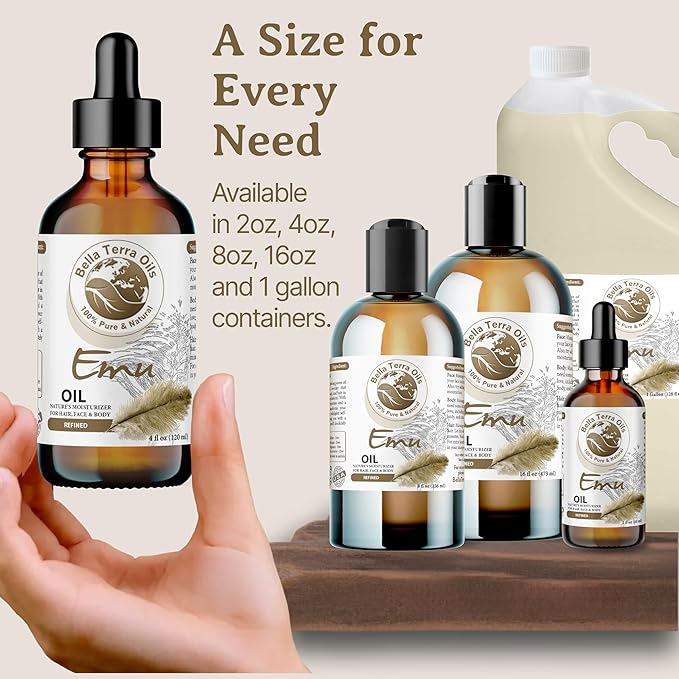 Bella Terra Oils Pure Emu Oil - 1 gallon. For Enhanced Skin Hydration and Smoothness – Lightweight, Non–Greasy