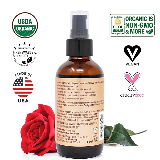 PURA D'OR Organic Rose Water Toner (4oz / 118mL) Eau Fraiche, 100% Pure Full Skin Hydration, Control Excess Oils & Acne - Cleanses & Softens - Promotes Healthy Skin Cell - for All Skin Types