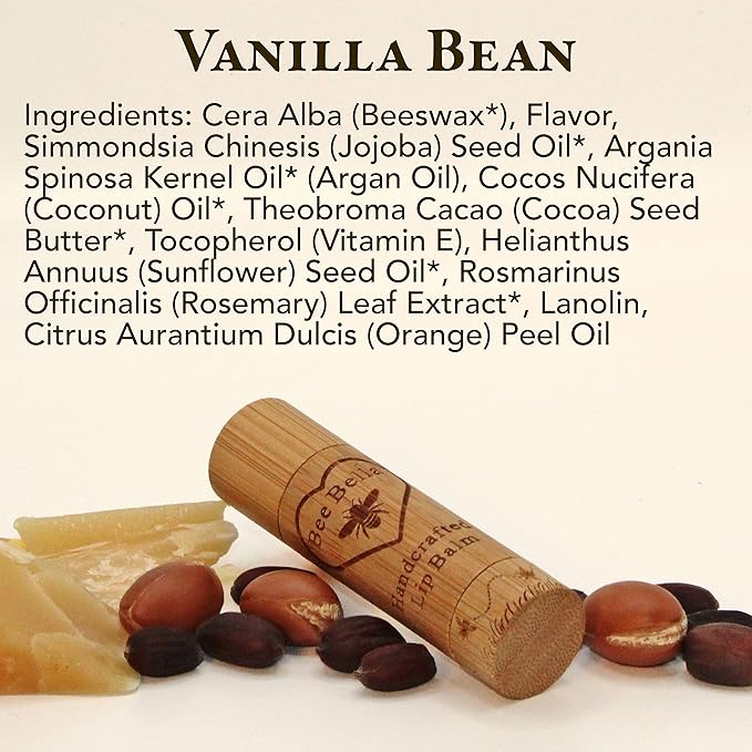 Bee Bella Lip Balm, Vanilla Bean, 3 Pack - Hydrating, Moisturizing Lip Care, 100% Natural, Original Organic Beeswax with Vitamin E, Handmade in USA