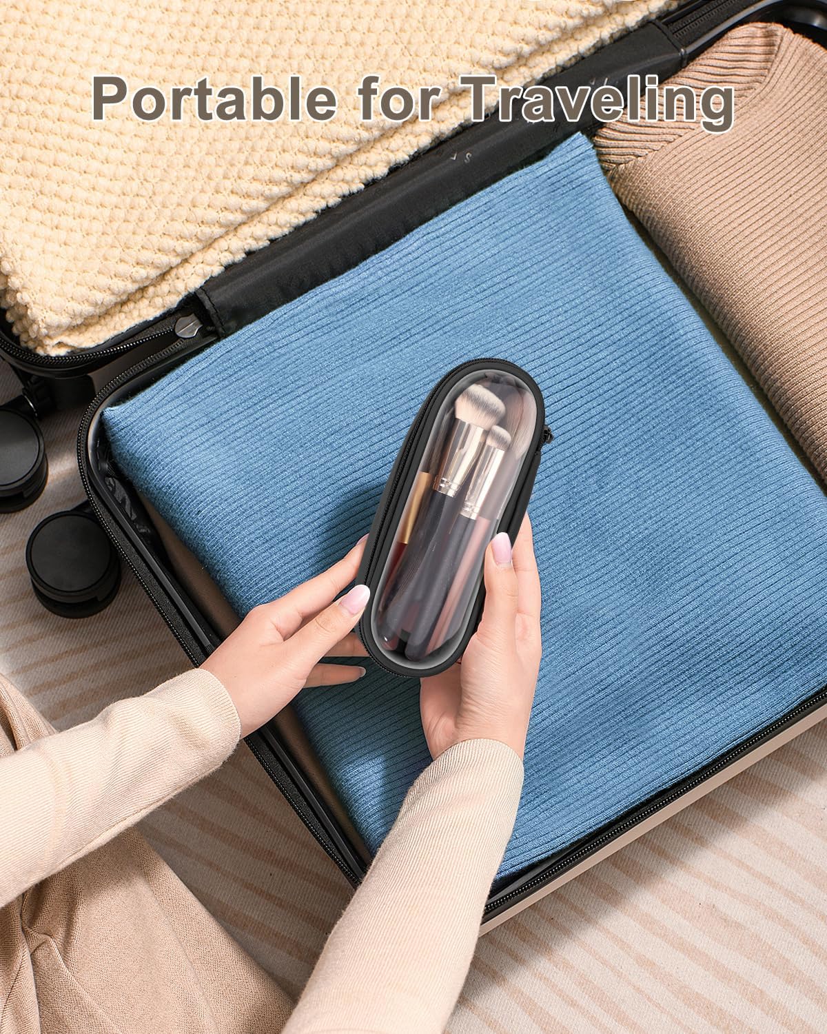Clear Travel Makeup Brush Holder, Leather Makeup Brush Toiletry Bag, Portable Cosmetic Brush Case, Transparent Waterproof Makeup Brush Storage Bag, Black, Large