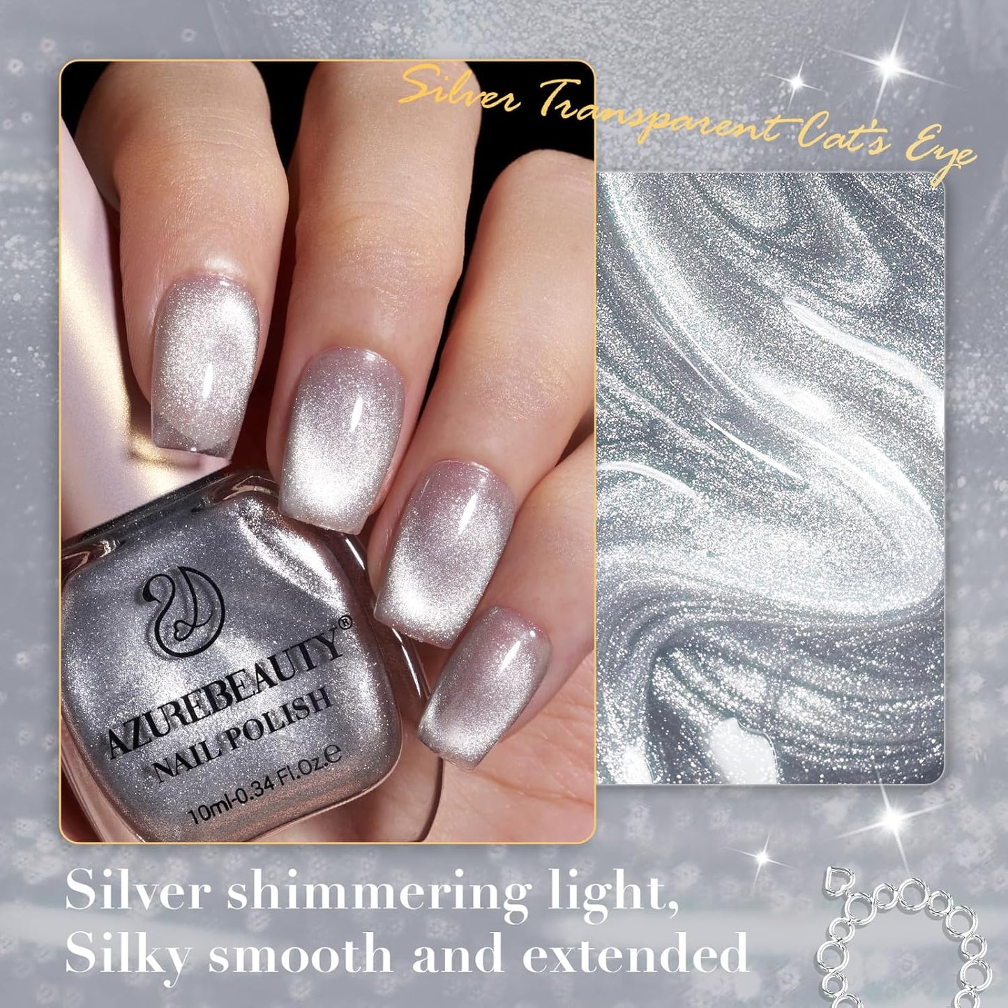 AZUREBEAUTY Cat Eye Nail Polish Fast Drying Silvery Glitter Nail Polish Moonlight Natural Glassy Shine Salon Quality for Women Girl Gifts