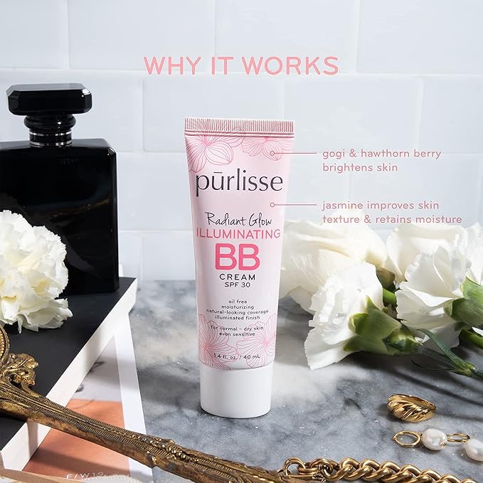 pūrlisse Radiant Glow Illuminating BB Cream with SPF 30 - Glow BB Cream Enriched with Goji & Hawthorn Berry for Dewy Skin - Helps to Improve Skin Texture & Radiance - Fair (1.4 oz)
