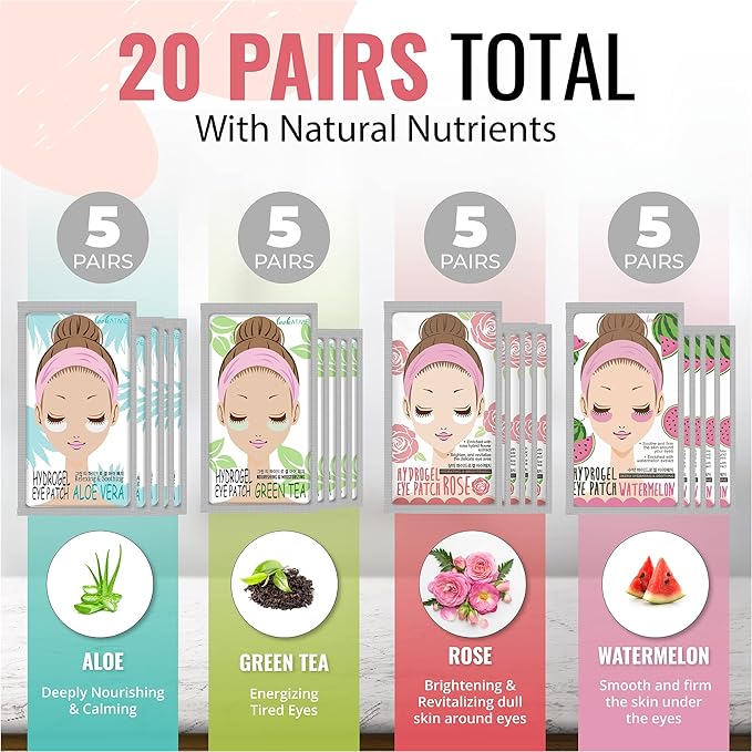 Eye Mask for Puffiness - Under Eye Patches for Dark Circles - Korean Under Eye Mask Patches for Puffy Eyes - Eye Gel Pads Depuffing Eye Brightener, Caffeine, Hydrogel & Collagen (20 Pairs)