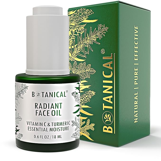Botanical Radiant Face Oil | Skin Brightening Turmeric & Vitamin C Serum w/Gua Sha Lift Scraper | Organic, Pure, Natural Skincare (0.6 fl oz | 18 ml)