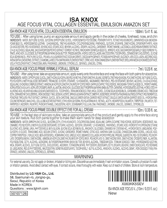 ISA KNOX AGE FOCUS VITAL COLLAGEN Emulsion, PRIME Wrinkle For All Serum & PRIME Eye For All Cream (177 ml/5.99 fl oz) - Korean Skin Care by LG Beauty. Vitamins C, B12 & E.