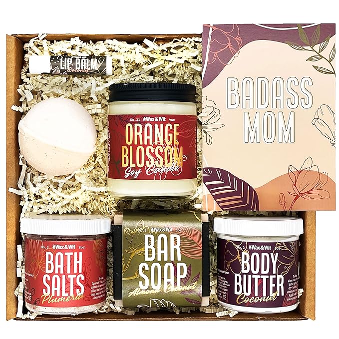 WAX & WIT Gifts for Mom, Luxury Spa Set for Mom: Heartfelt Mother's Day & Birthday Pampering Kit | Handcrafted 7-Piece Relaxation Set from Daughter, Son - Mom Birthday Gifts, Mothers Day Gifts