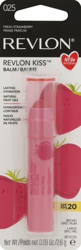 Revlon Lip Balm, Kiss Tinted Lip Balm, Face Makeup with Lasting Hydration, SPF 20, Infused with Natural Fruit Oils, 025 Fresh Strawberry, 0.09 Oz (Pack of 2)