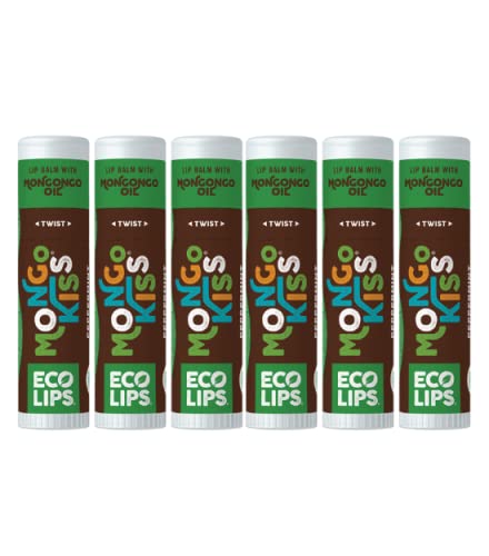 LIP BALM Mongo Kiss 6-Pack (6 tubes) by Eco Lips 100% Organic Beeswax & Cocoa Butter Lip Care with Organic Mongongo Oil - Soothe & Moisturize Dry & Cracked Lips - Made in USA. (Peppermint)