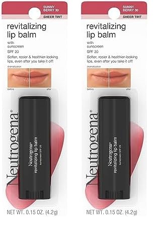 Neutrogena Revitalizing and Moisturizing Tinted Lip Balm with Sun Protective Broad Spectrum SPF 20 Sunscreen, Lip Soothing Balm with a Sheer Tint in Color Sunny Berry 30,.15 oz (Pack of 2)
