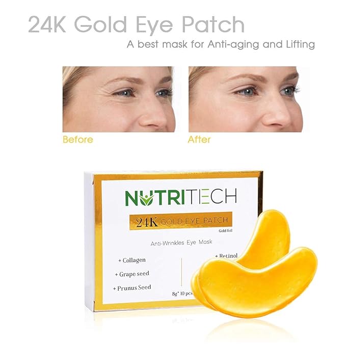 Under Eye Patches, 24K Gold Collagen Under Eye Mask Anti-Aging, Under Eye Treatment Mask for Puffy, Dark Circles, Wrinkles, 10 pairs