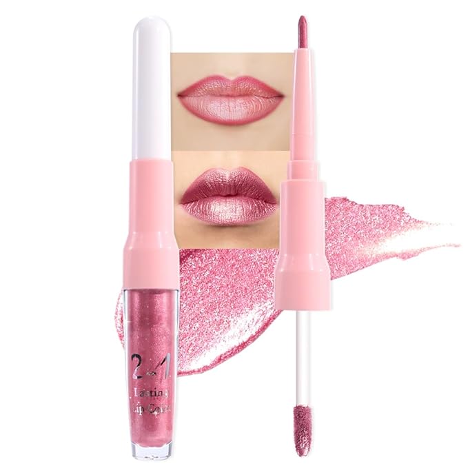evpct Warm Pink Metallic Glitter Lip Liner and Lipstick Combo Lip Gloss Stain Set Makeup for Women Long Lasting Waterproof 24, Baby Pink Metallic Shimmer Frosted Iridescent Glossy Liquid Lipstick 12