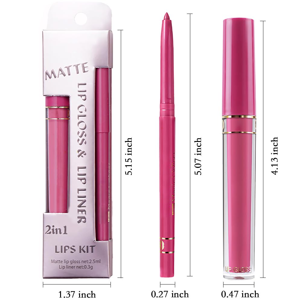 evpct 2Pcs Rose Red Matte Lip Liner and Lipstick Lip Gloss Pencils Makeup Set Kit for Women Long Lasting Waterproof
