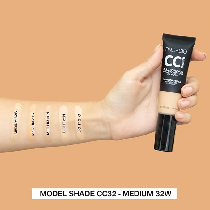 Palladio Full-Coverage Color Correction CC Cream, Oil-Free with Peptides & Vitamin C, Best for Correcting Redness and Uneven Skin Tone, Buildable Foundation Coverage (Light 22N)