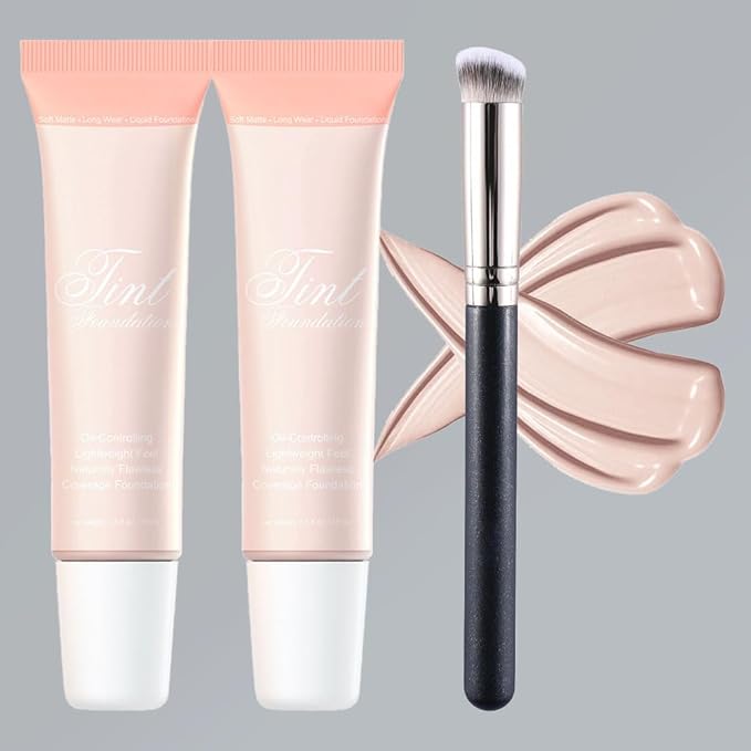 2 Pack Liquid Foundation Cream with Foundation Brush for Face Makeup,Durable Full Coverage Matte Concealer Make Up,Oil Control & Waterproof Base Primer -1 Fl.Oz (#01)