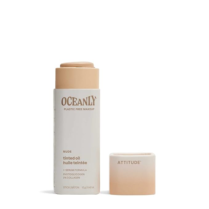 ATTITUDE Oceanly Light Coverage Face Tinted Oil Stick, EWG Verified, Titanium Dioxide-Free, Vegan & Cruelty-Free Tinted Moisturizer, Plastic-Free, Nude, 0.42 Ounces