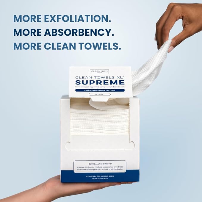 Clean Skin Club Clean Towels XL™ Supreme, 100% USDA Biobased Dermatologist Approved Face Towel, Gentle Exfoliation, Disposable Facial Washcloth, Makeup Remover Dry Wipes, 50 Count