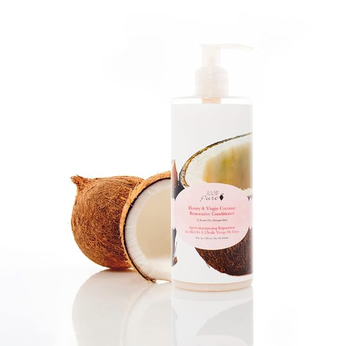 100% PURE Honey & Virgin Coconut Restorative Conditioner Moisturizer & Repair Replenishing Nutrient Boost for Dry Damaged Hair, Promotes Healthy Growth for Women & Men - Sulfate Free - 13 Fl Oz