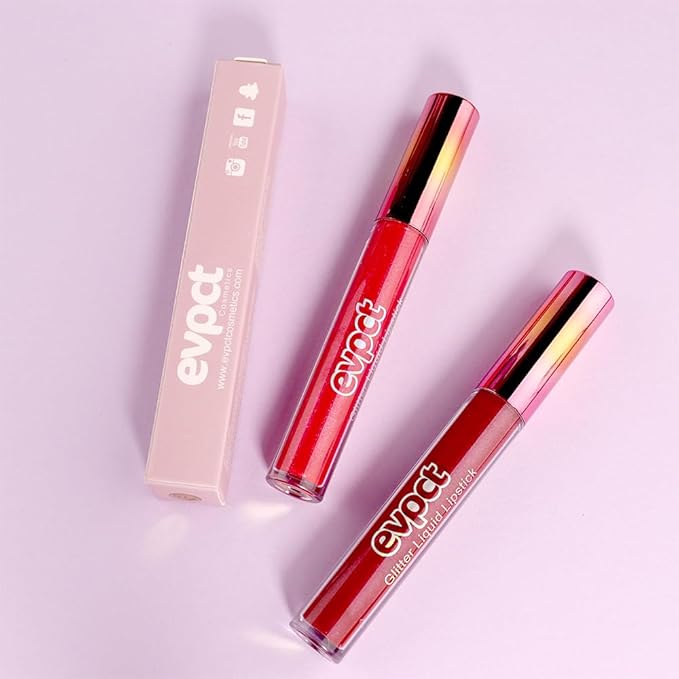 evpct 2Pcs Red Glitter Metallic Shimmer Diamond Lipstick Lip Gloss Stain Set for Women Long Lasting Waterproof, Dark Hot Bright Red Sparkle Glitter Matte long wear Liquid Lipstick Lip Makeup Kit