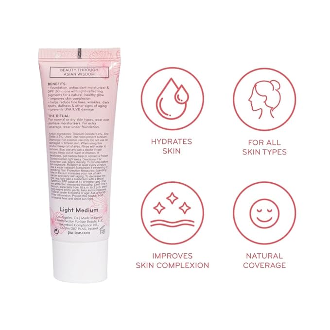 pūrlisse Radiant Glow Illuminating BB Cream with SPF 30 - Glow BB Cream Enriched with Goji & Hawthorn Berry for Dewy Skin - Helps to Improve Skin Texture & Radiance - Light (1.4 oz)