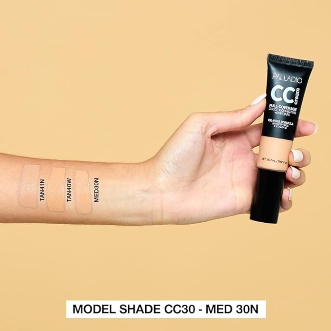 Palladio Full-Coverage Color Correction CC Cream, Oil-Free with Peptides & Vitamin C, Best for Correcting Redness and Uneven Skin Tone, Buildable Foundation Coverage (Tan 41N)