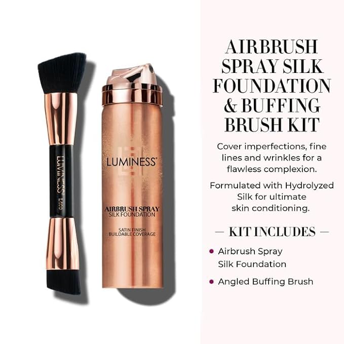 LUMINESS Silk Airbrush Spray Foundation 2-PC Kit - Foundation & Dual-Sided Angled Makeup Brush - Buildable Coverage, Anti-Aging Formula, Humidity Resistant, Hydrates & Moisturizes, Medium Warm
