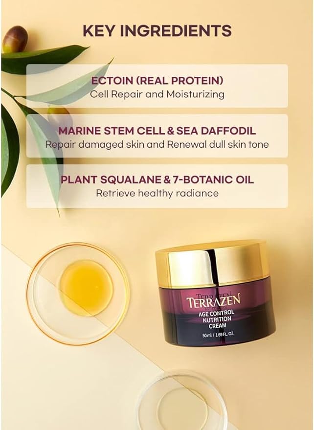 Terrzen Korean Face Cream Age Control Nutrition, 1.69 fl.oz. (50ml), Reduce Wrinkle, Hyaluronic Acid + Plant Stem Cell + Real Protein + Plant Squalane
