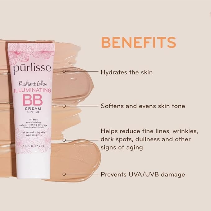 pūrlisse Radiant Glow Illuminating BB Cream with SPF 30 - Glow BB Cream Enriched with Goji & Hawthorn Berry for Dewy Skin - Helps to Improve Skin Texture & Radiance - Deep (1.4 oz)
